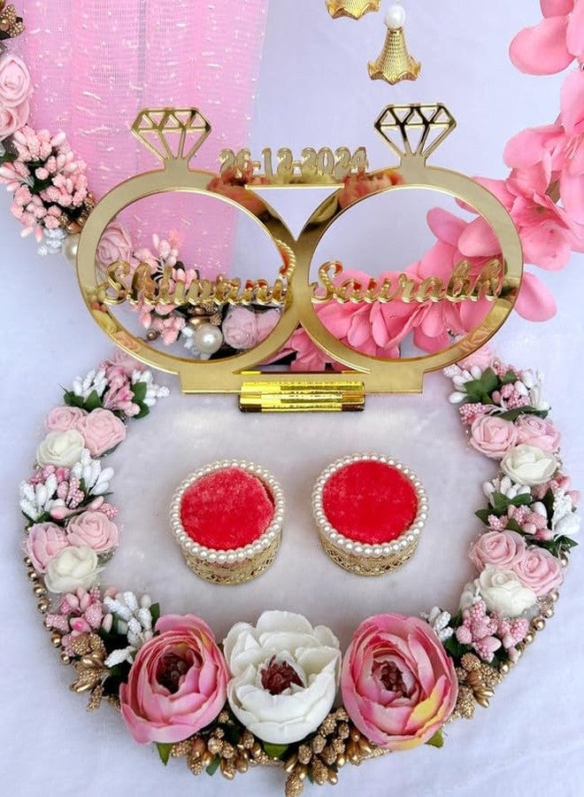 Mridang Acrylic Designer Pink Floral Theme with White Base Round Ring Platter for Ring Ceremony/Customizable Name and Ceremony Date(Anniversary/Engagement/Wedding Ring Platter/Marriage Decor) - Image 4